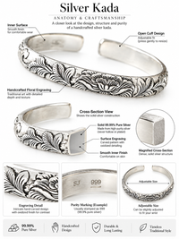 999 Silver Mens Kada Floral Vine Engraving with Oxidised Silver Finish 100% Pure Silver