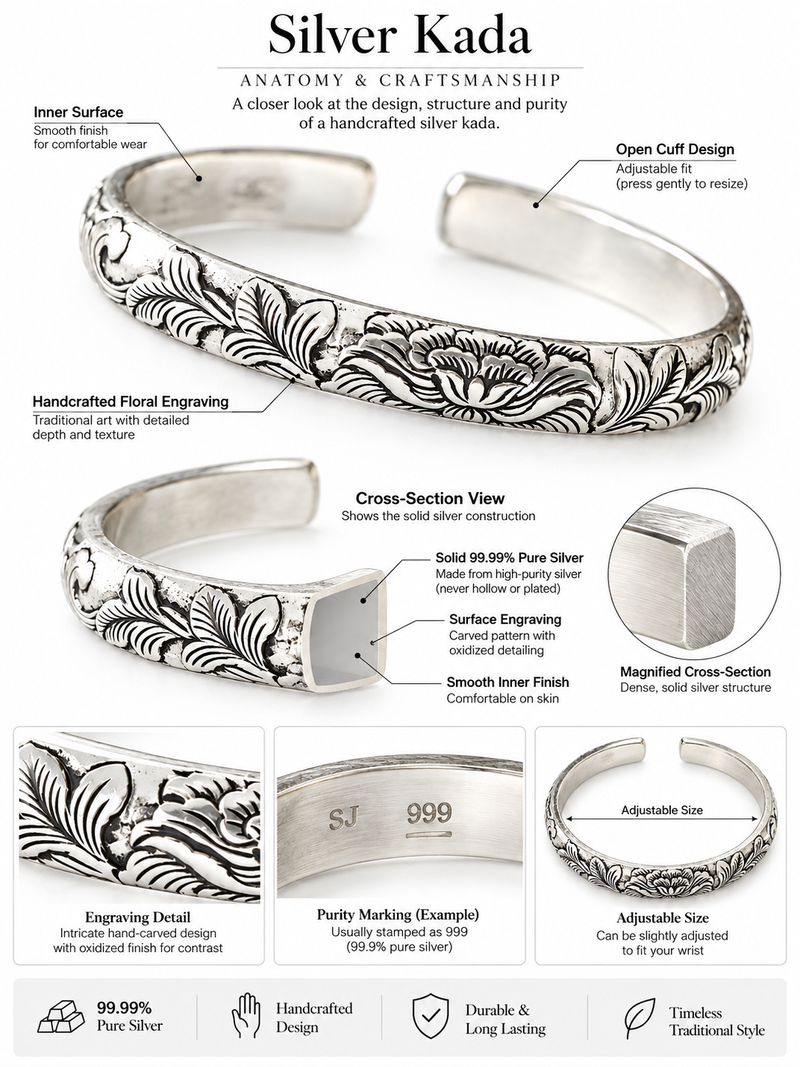 999 Silver Mens Kada Floral Vine Engraving with Oxidised Silver Finish 100% Pure Silver