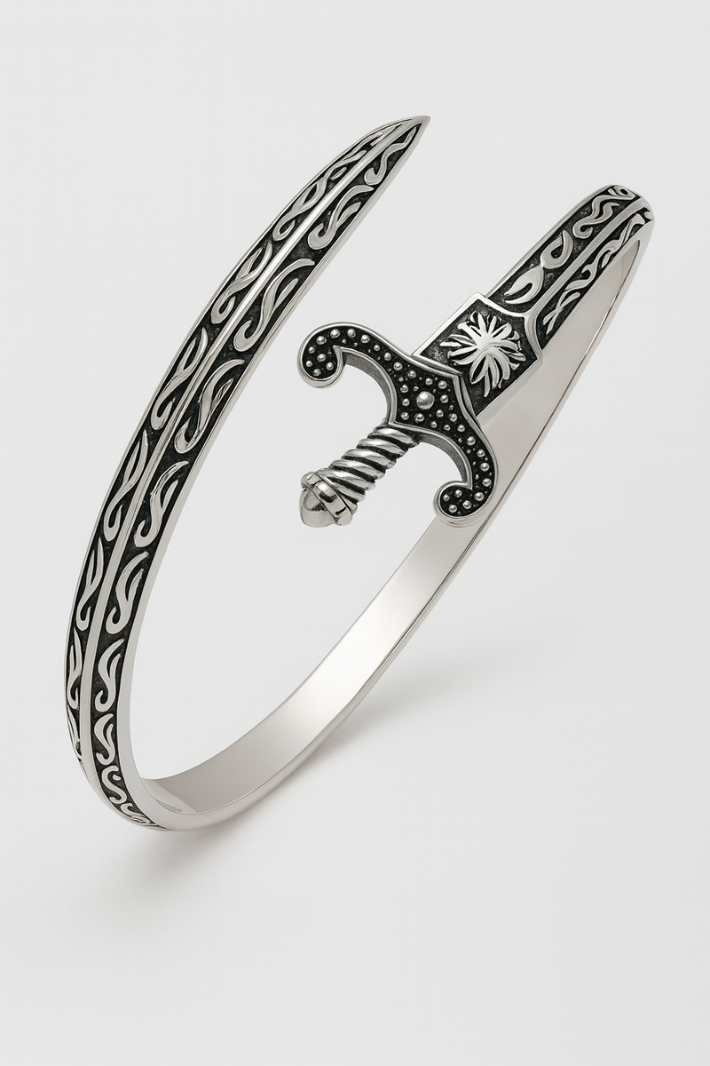 999 Silver Mens Kada Regal Crest Scrollwork with Oxidised Silver Finish 100% Pure silver