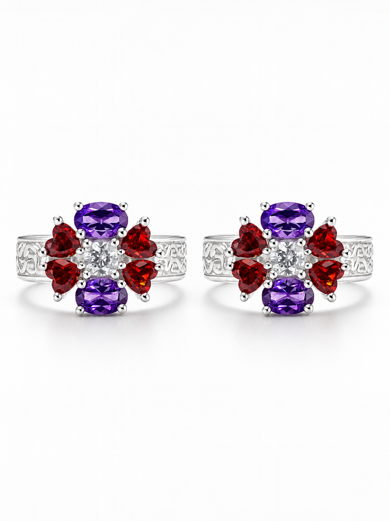 Silver Gemstone Toe Rings Floral Bloom Multicolour Statement Design