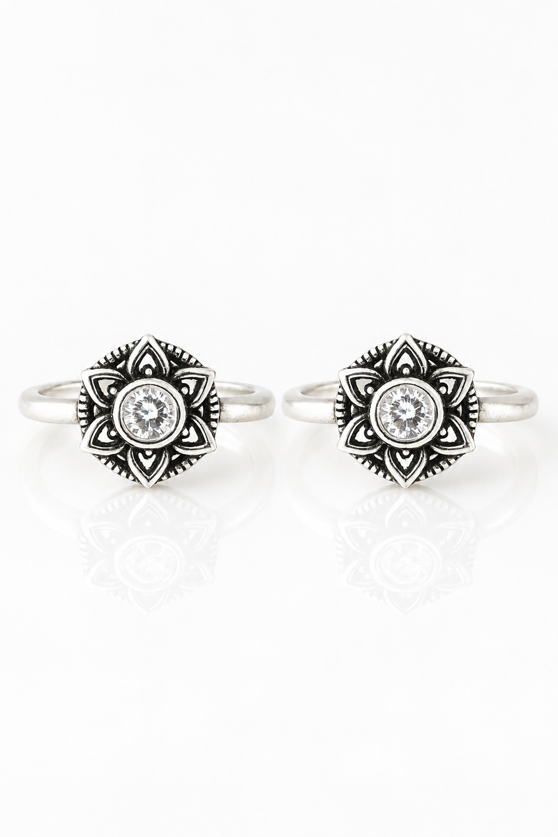 Silver Toe Rings with Starburst Mandala and Clear Crystal Accent