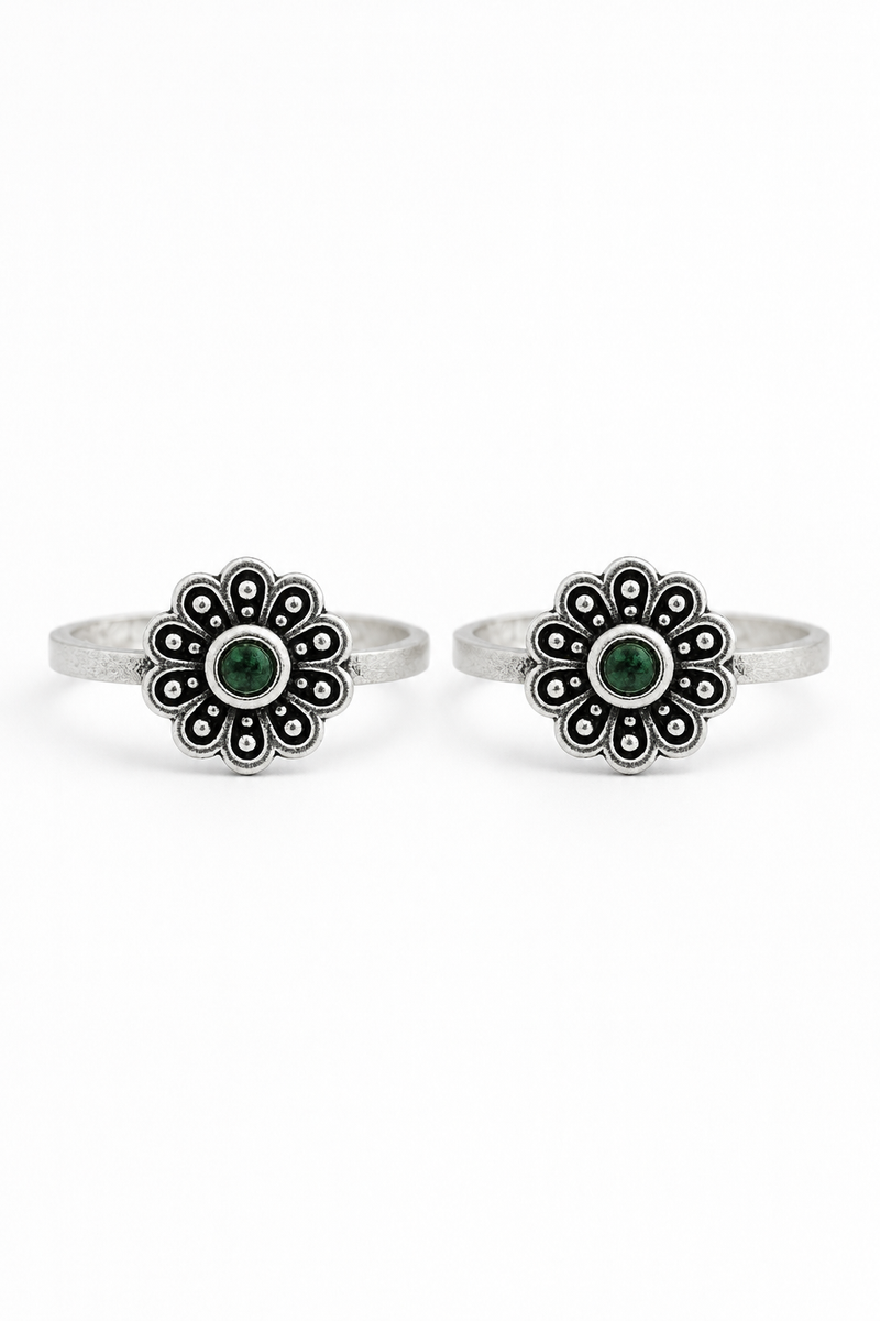 Silver Toe Rings with Botanical Rosette and Green Gemstone