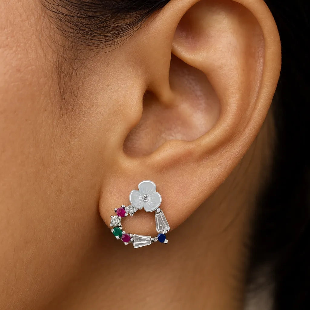 Floral Heart-Shaped Silver Earring | Elegant 925 Sterling Silver Studs for Women