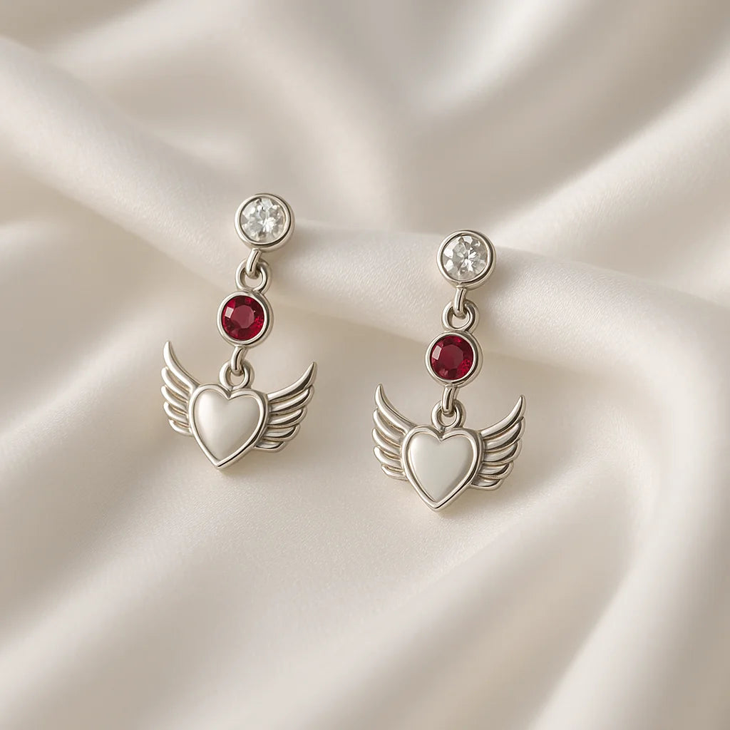 Red Gem Wing Heart 925 Sterling Silver Earring — Romantic Drop Earring, Gift for Women