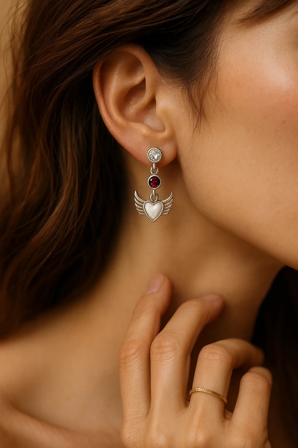 Red Gem Wing Heart 925 Sterling Silver Earring — Romantic Drop Earring, Gift for Women