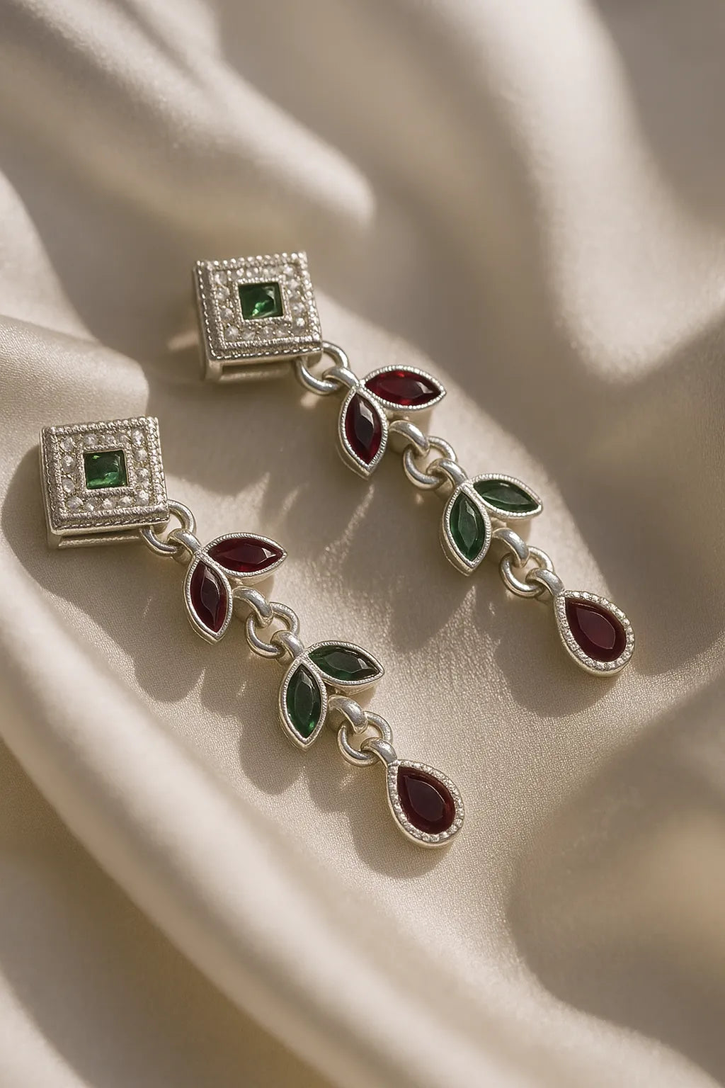 Elegant Silver Drop Earring with Ruby & Emerald Leaf Design – Traditional Festive Statement Jewelry for Women