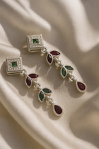 Elegant Silver Drop Earring with Ruby & Emerald Leaf Design – Traditional Festive Statement Jewelry for Women