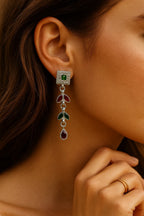 Elegant Silver Drop Earring with Ruby & Emerald Leaf Design – Traditional Festive Statement Jewelry for Women