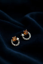 Gold Star & Circle Stud 925 Silver Earring with Citrine color Crystal  – Elegant Women Party Wear Jewellery