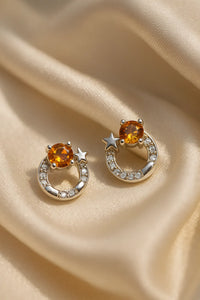 Gold Star & Circle Stud 925 Silver Earring with Citrine color Crystal  – Elegant Women Party Wear Jewellery