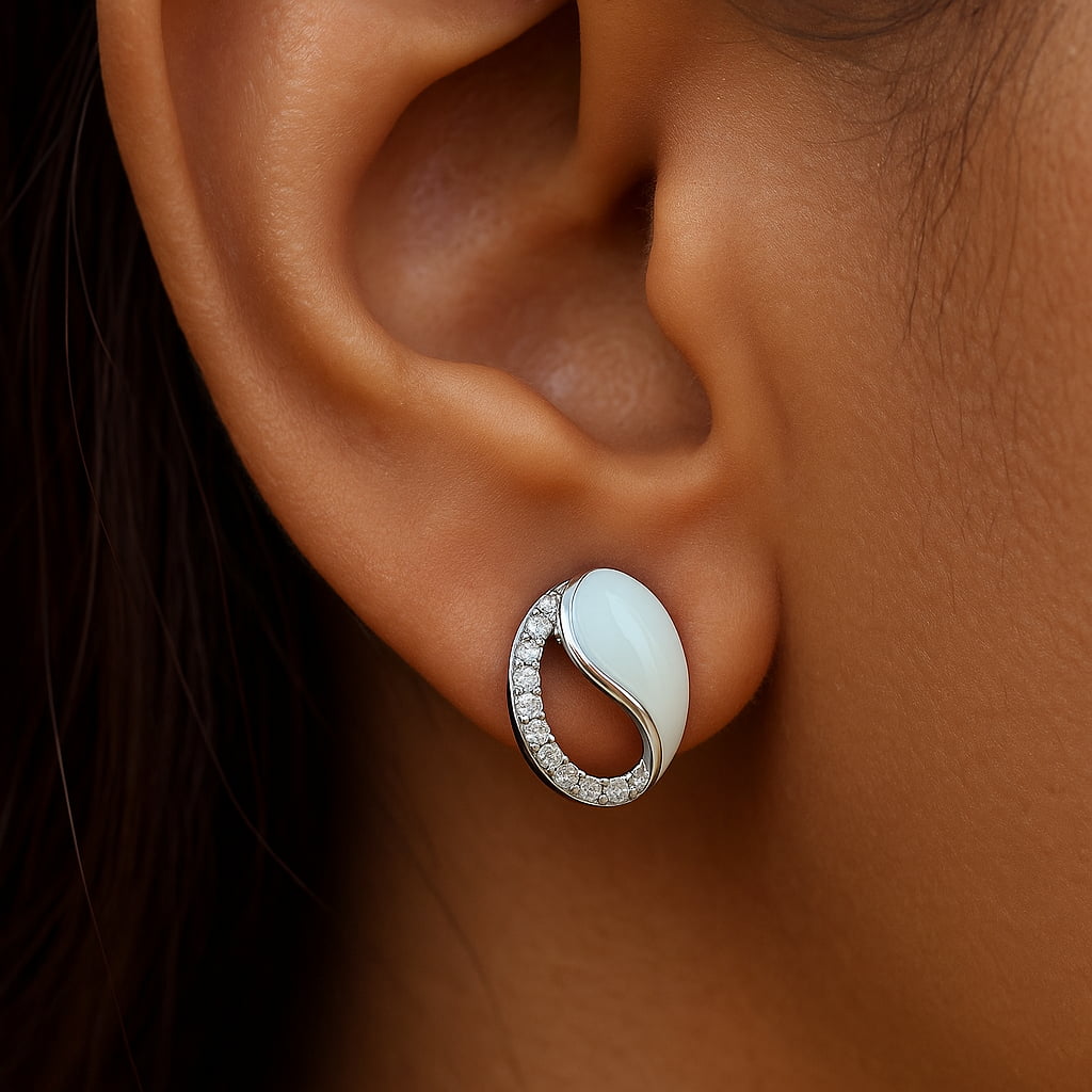 Elegant White Enamel & CZ Oval 925 hallmarked Silver Stud Earring | Premium Anti-Tarnish Finish