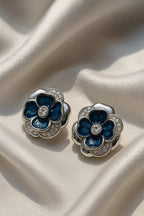 Elegant Blue Enamel Flower Stud Earring in Sterling 925 Silver with CZ Diamonds – Luxury Floral Statement Jewelry for Women