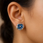 Elegant Blue Enamel Flower Stud Earring in Sterling 925 Silver with CZ Diamonds – Luxury Floral Statement Jewelry for Women