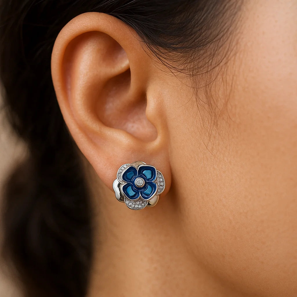 Elegant Blue Enamel Flower Stud Earring in Sterling 925 Silver with CZ Diamonds – Luxury Floral Statement Jewelry for Women