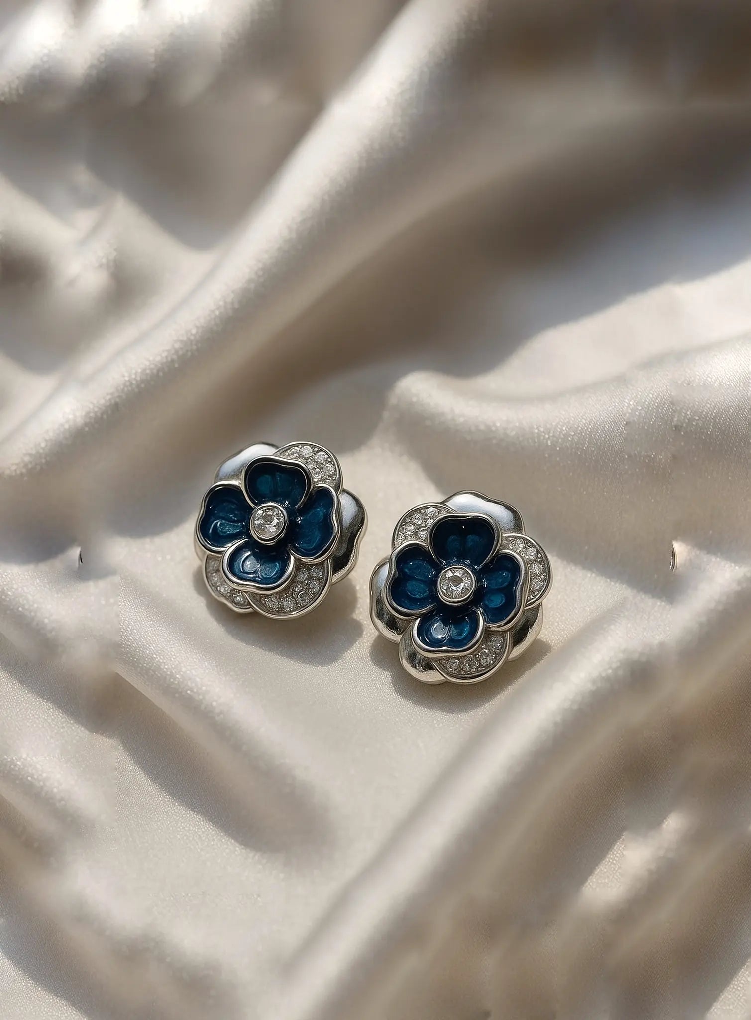 Elegant Blue Enamel Flower Stud Earring in Sterling 925 Silver with CZ Diamonds – Luxury Floral Statement Jewelry for Women