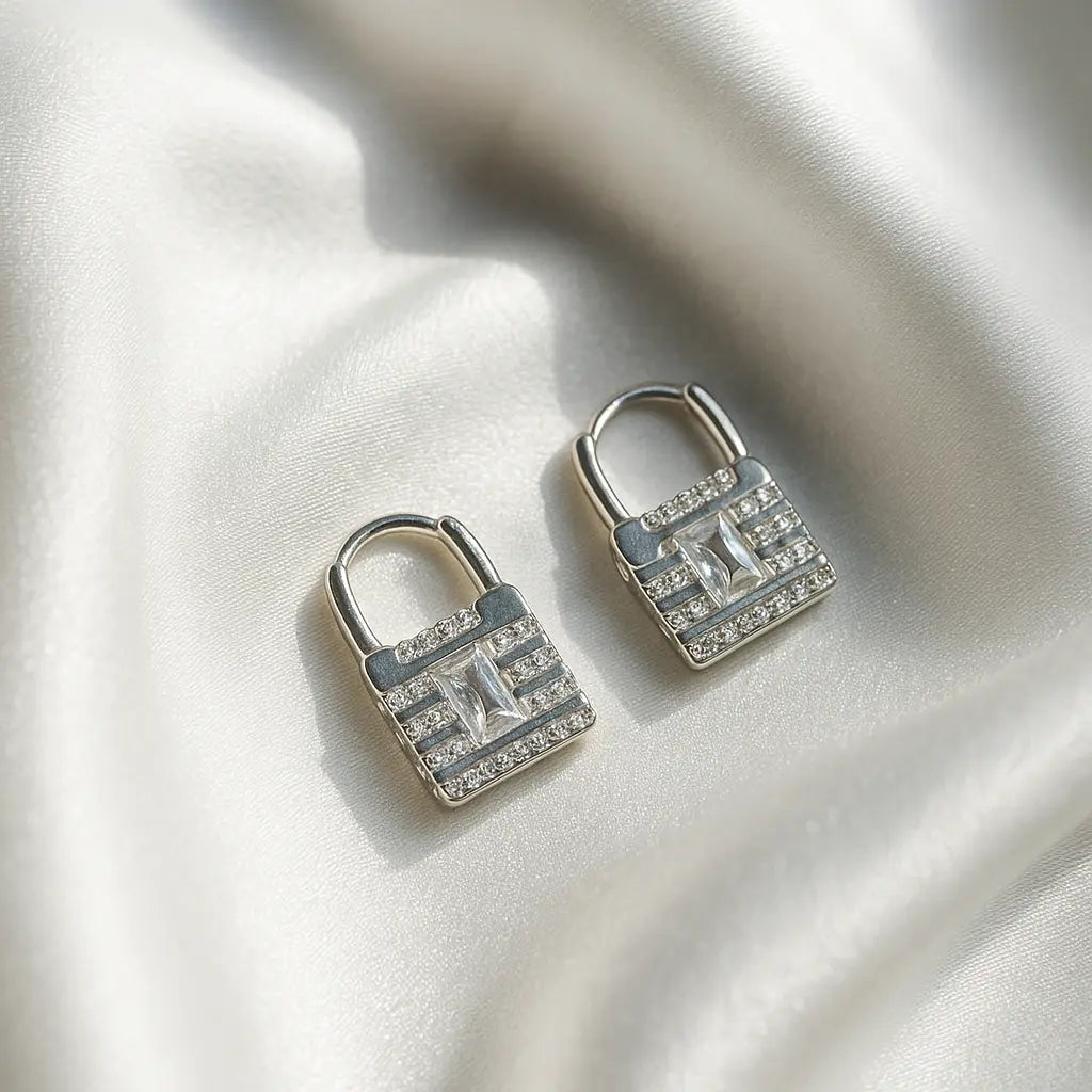 Lock Design 925 Silver Earring with Sparkling CZ Stones for Women