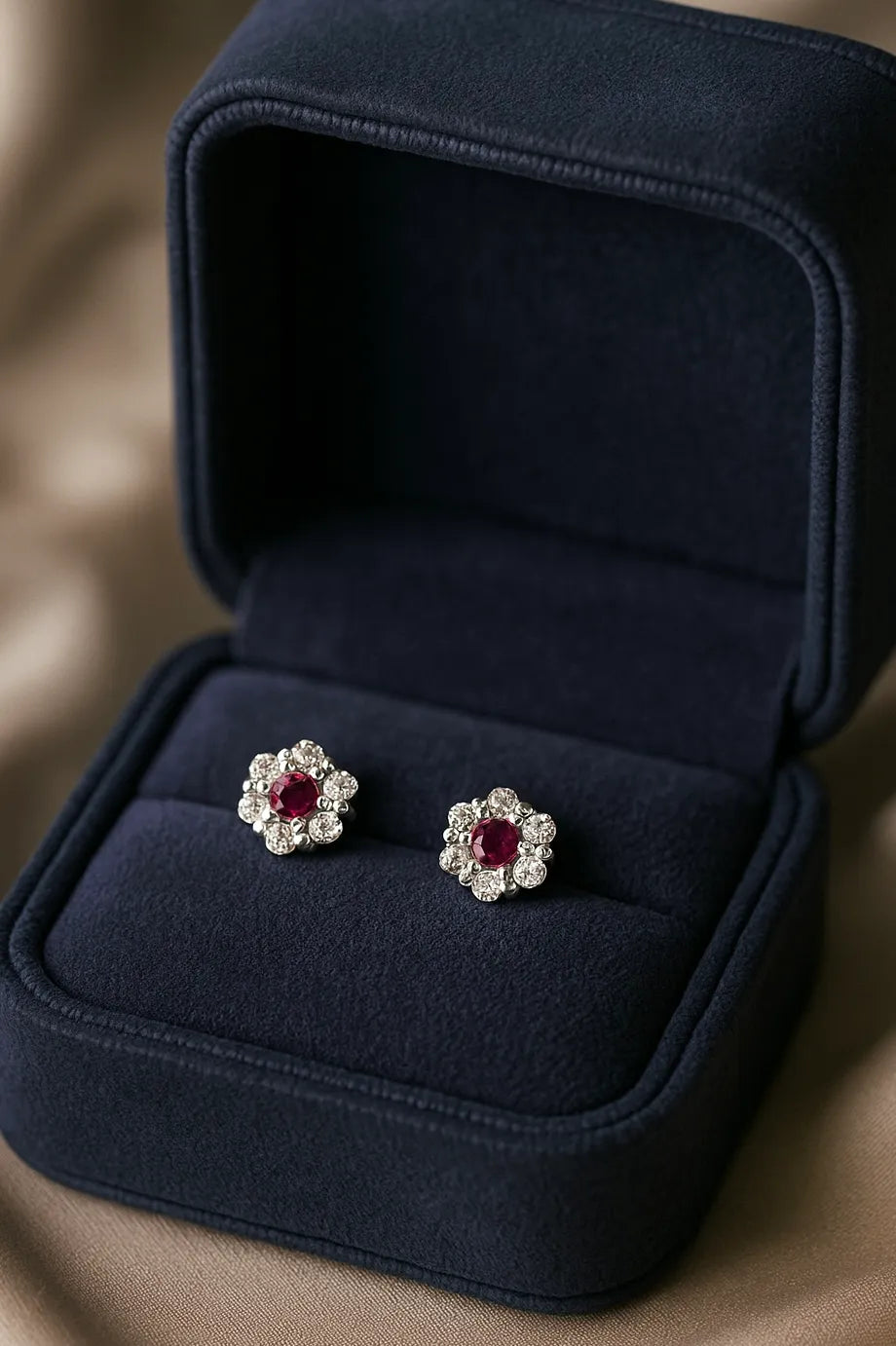 Vintage-Inspired Ruby Flower Stud Earring | Dainty Floral Diamond Halo Design | Elegant Gift for Women
