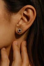 Vintage-Inspired Ruby Flower Stud Earring | Dainty Floral Diamond Halo Design | Elegant Gift for Women