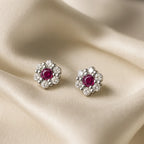 Vintage-Inspired Ruby Flower Stud Earring | Dainty Floral Diamond Halo Design | Elegant Gift for Women