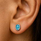 Minimalist Oval Turquoise-Tone 925 Silver Stud Earring For Women