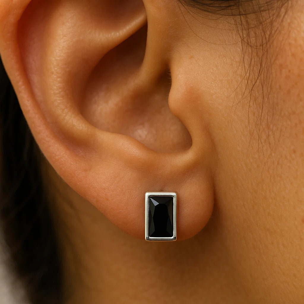 Black Onyx Rectangle Stud Earring in Sterling Silver | Minimalist Gemstone Ear Studs for Women