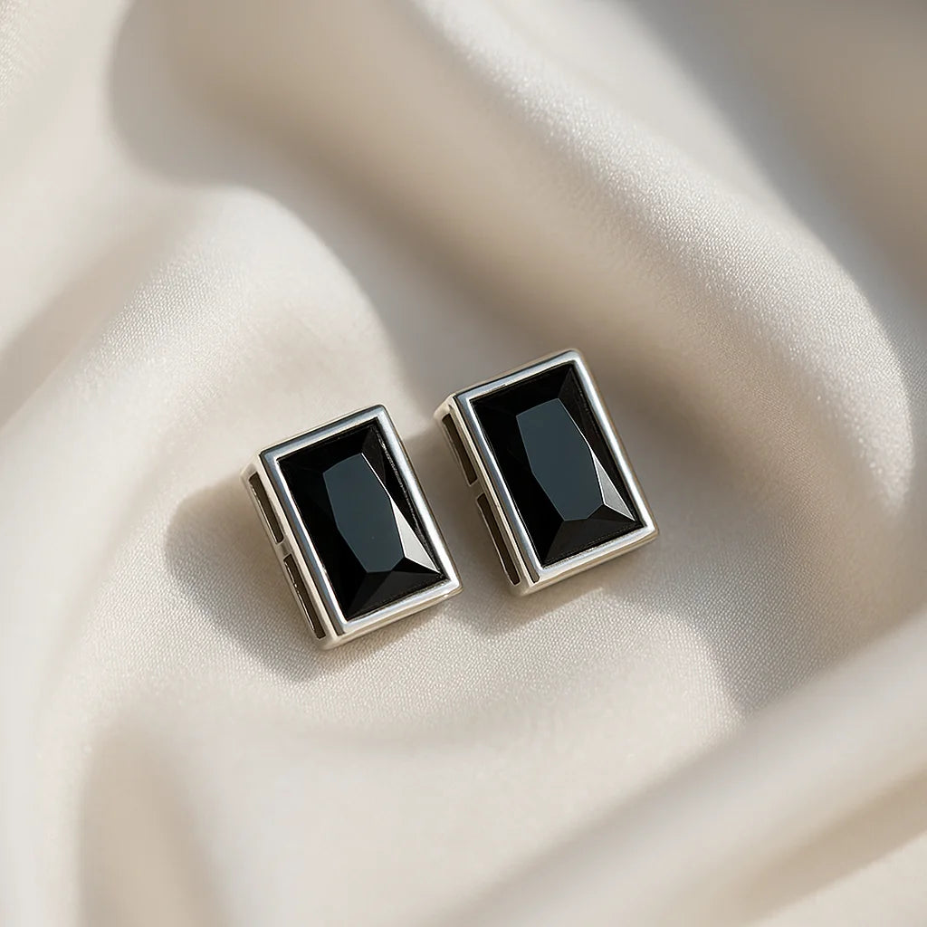 Black Onyx Rectangle Stud Earring in Sterling Silver | Minimalist Gemstone Ear Studs for Women