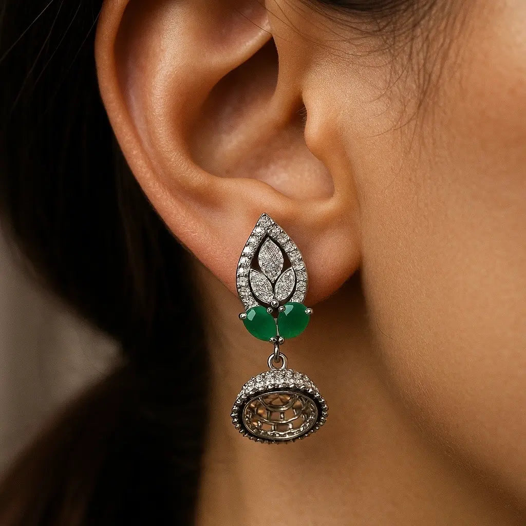 Designer Emerald Green Drop Earring with CZ Diamonds | Wedding & Festive Jewellery for Women