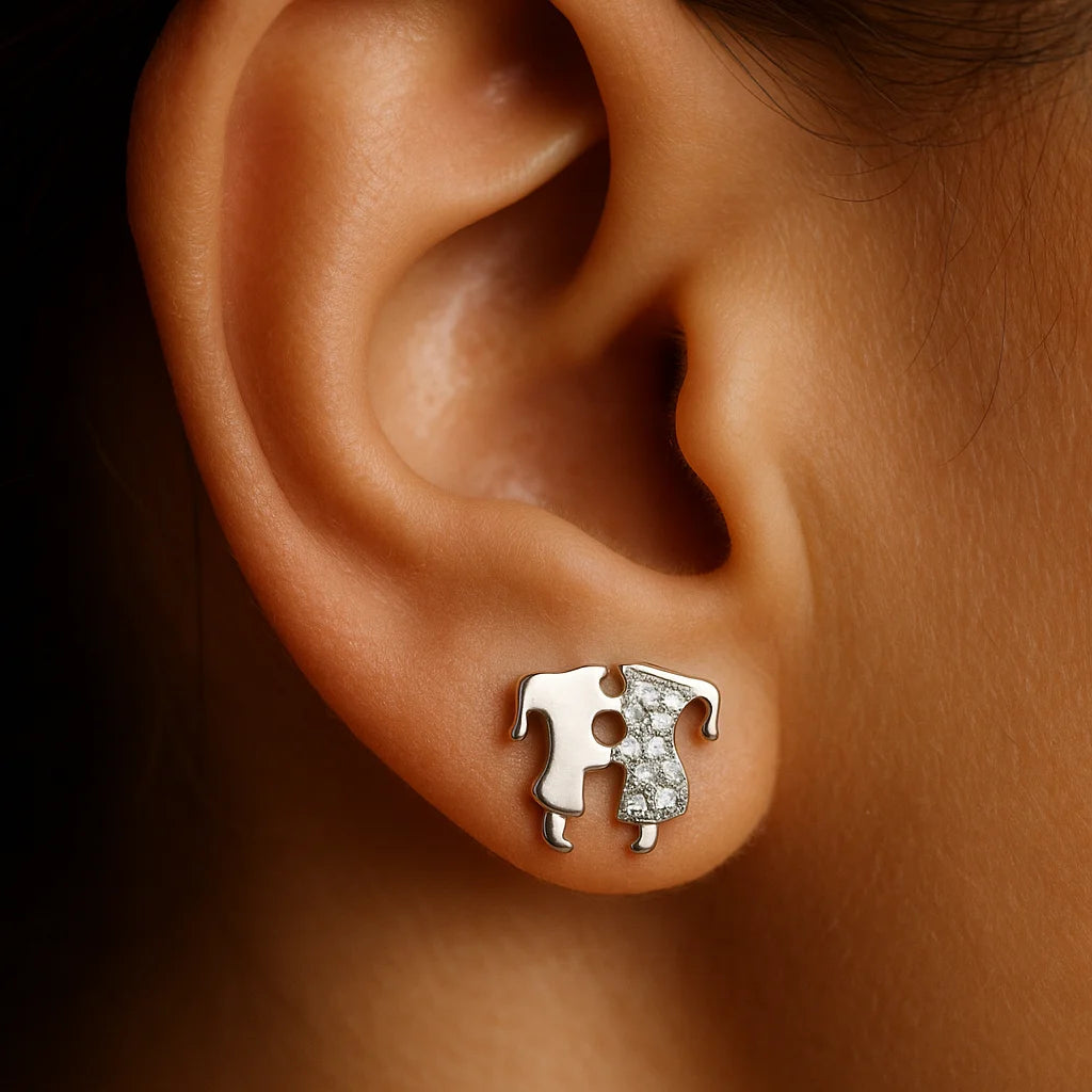 Romantic Kissing Couple Earring | Sparkling CZ Couple Studs | Minimalist Silver Love Jewelry