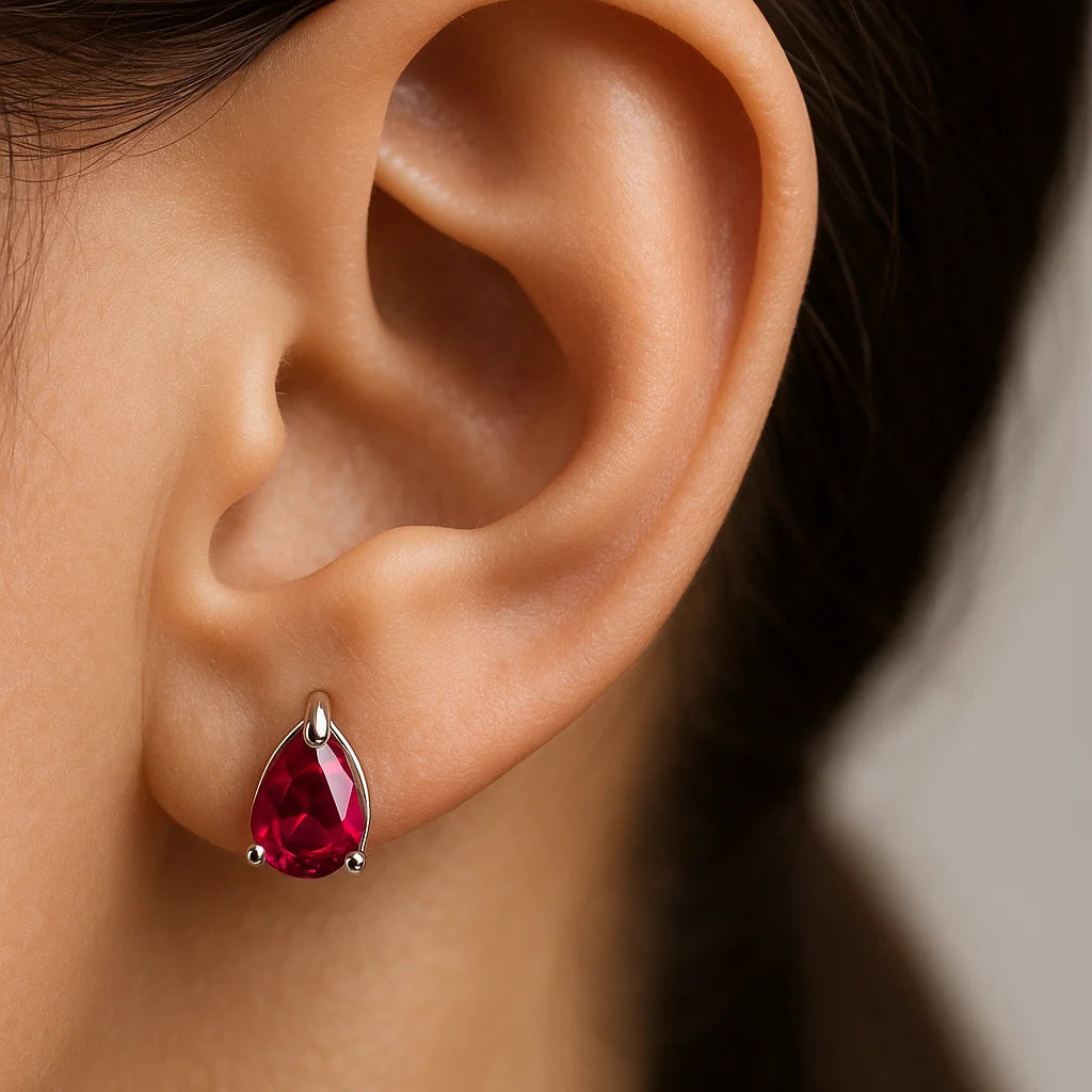 Red Teardrop Gemstone Stud Earring – Premium Sterling Silver Ruby Look Earring For Women
