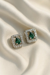 Emerald-Green Teardrop  Square Halo Diamond Stud  | Luxury Women Earring