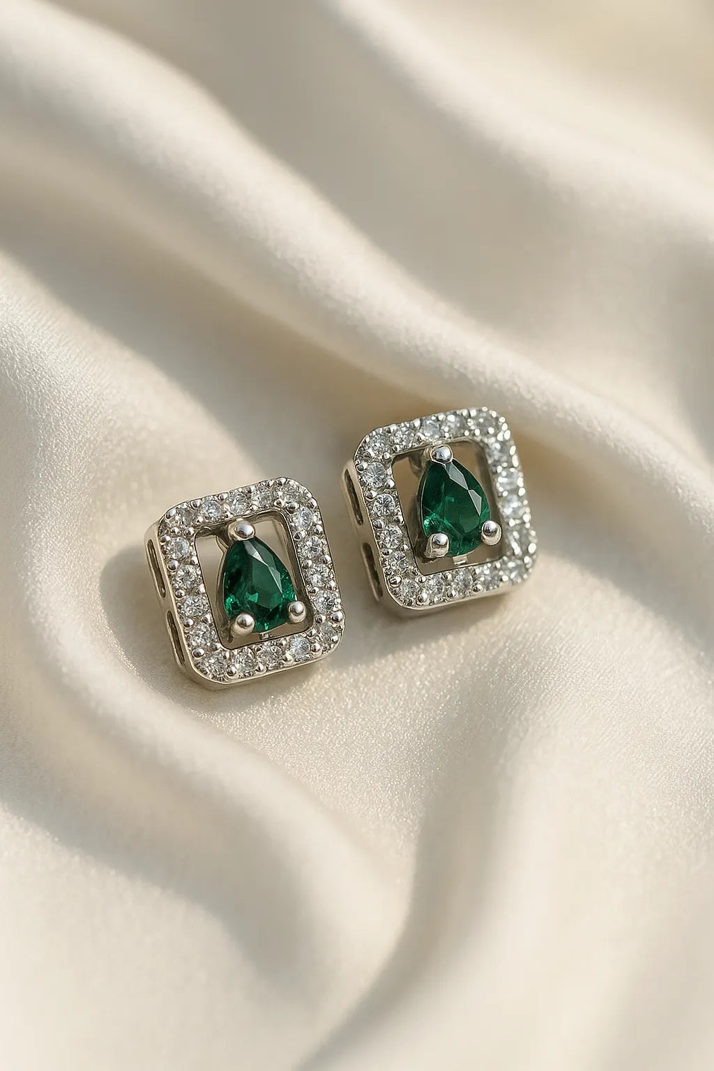 Emerald-Green Teardrop  Square Halo Diamond Stud  | Luxury Women Earring