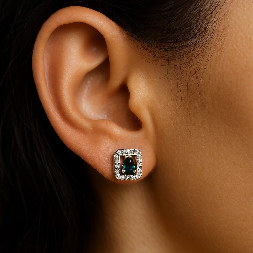 Emerald-Green Teardrop  Square Halo Diamond Stud  | Luxury Women Earring