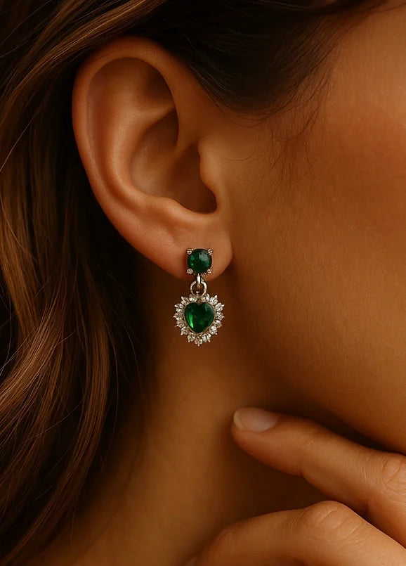 Heart-Shaped Emerald & Diamond Drop Earring | Sterling 925 Silver Luxury Earring For Women