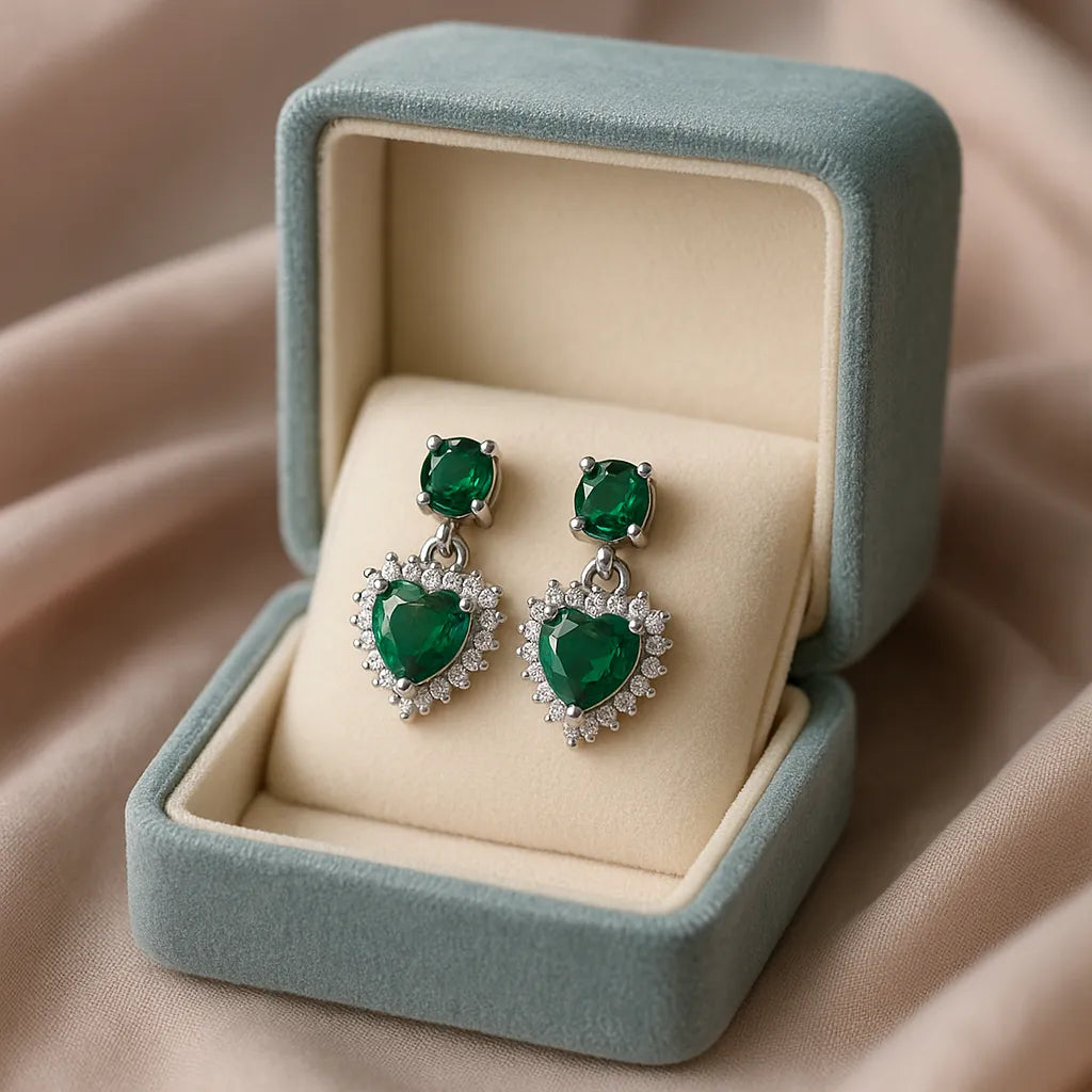 Heart-Shaped Emerald & Diamond Drop Earring | Sterling 925 Silver Luxury Earring For Women