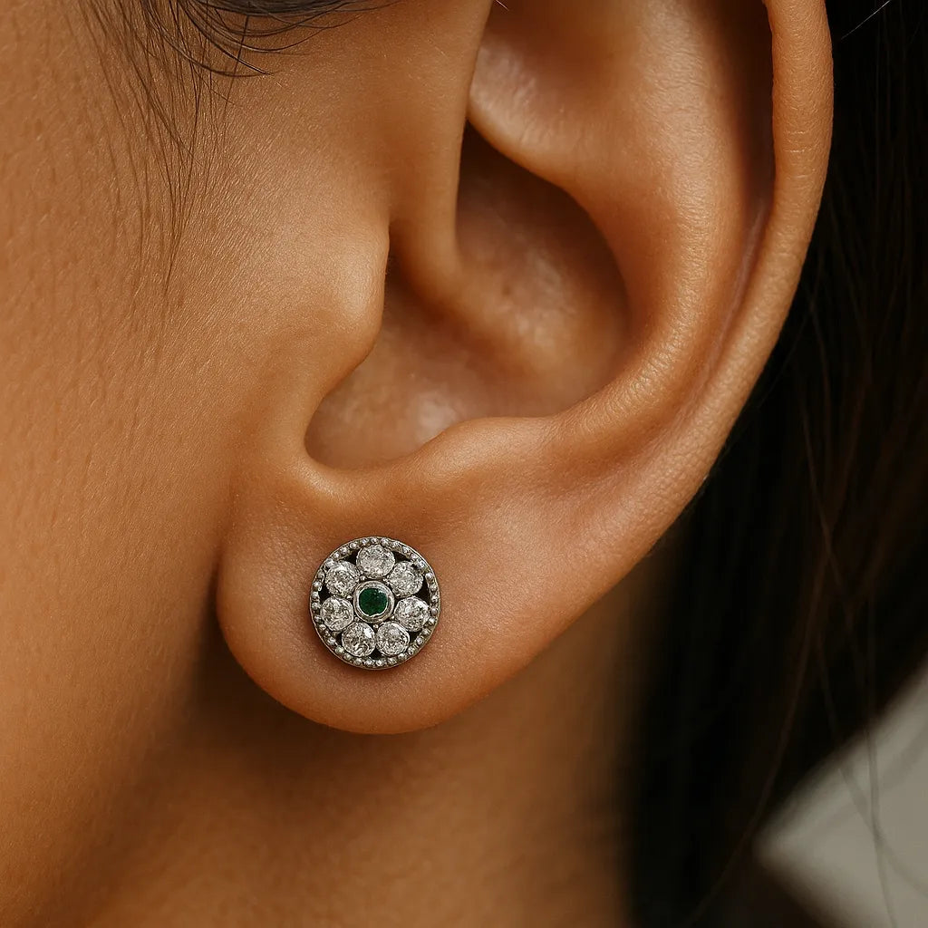 Antique Style Emerald  Earring | Floral Pure 925 Silver Studs for Women