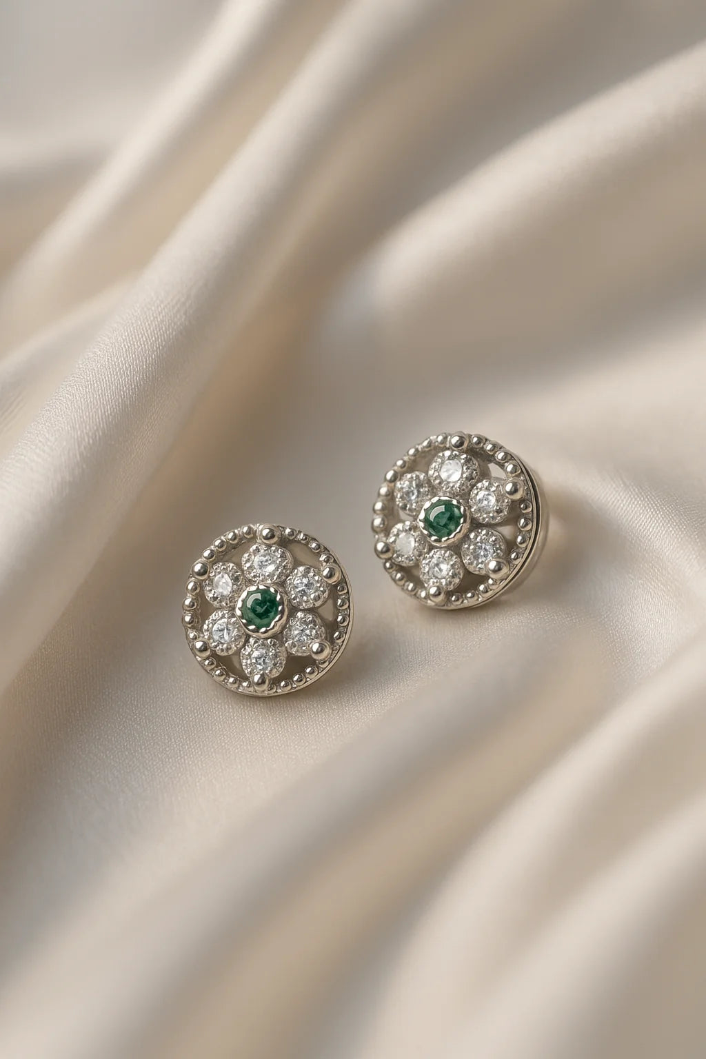 Antique Style Emerald  Earring | Floral Pure 925 Silver Studs for Women