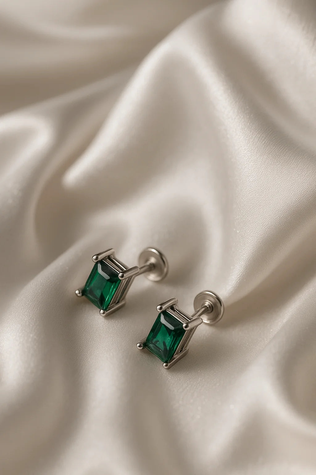 Silver Emerald Cut Stud Earring| Green Gemstone Daily Wear For Women