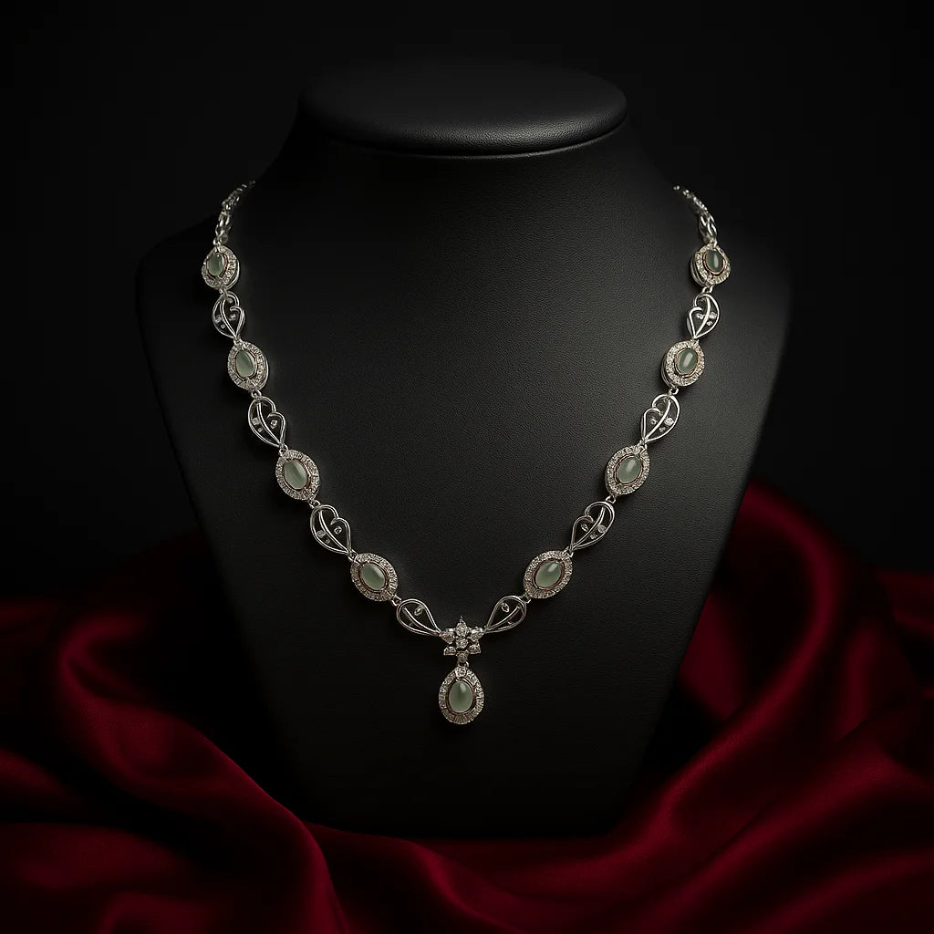 Luxury Silver Necklace Set with Halo-Cut Zircons | Statement Jewellery For Women