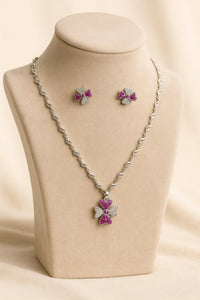 Silver Flower Pendant Necklace Set with Pink and White Stones – Designer Women Jewelry Gift