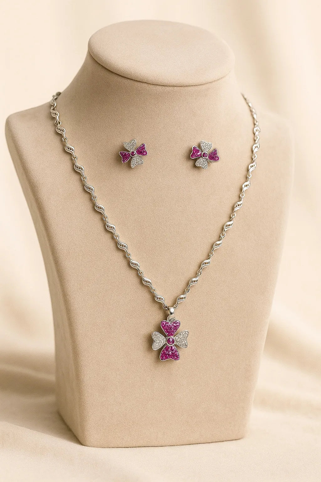 Silver Flower Pendant Necklace Set with Pink and White Stones – Designer Women Jewelry Gift