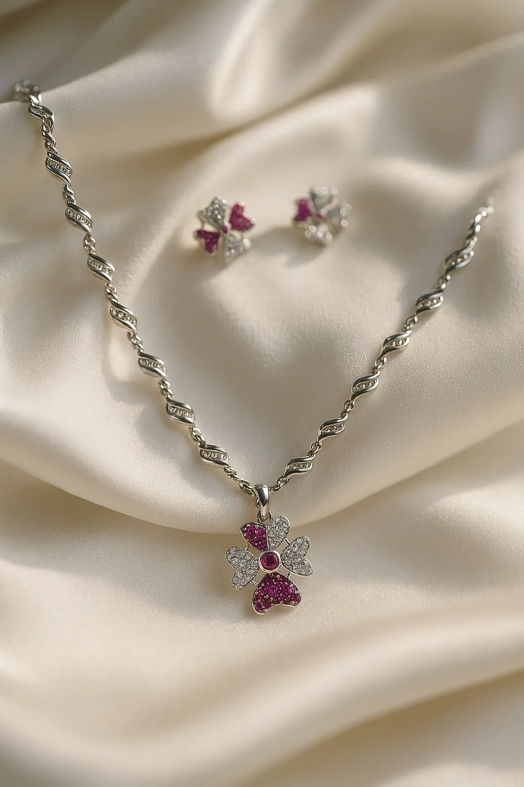 Silver Flower Pendant Necklace Set with Pink and White Stones – Designer Women Jewelry Gift
