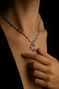 Silver Flower Pendant Necklace Set with Pink and White Stones – Designer Women Jewelry Gift