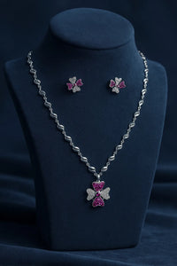 Silver Flower Pendant Necklace Set with Pink and White Stones – Designer Women Jewelry Gift