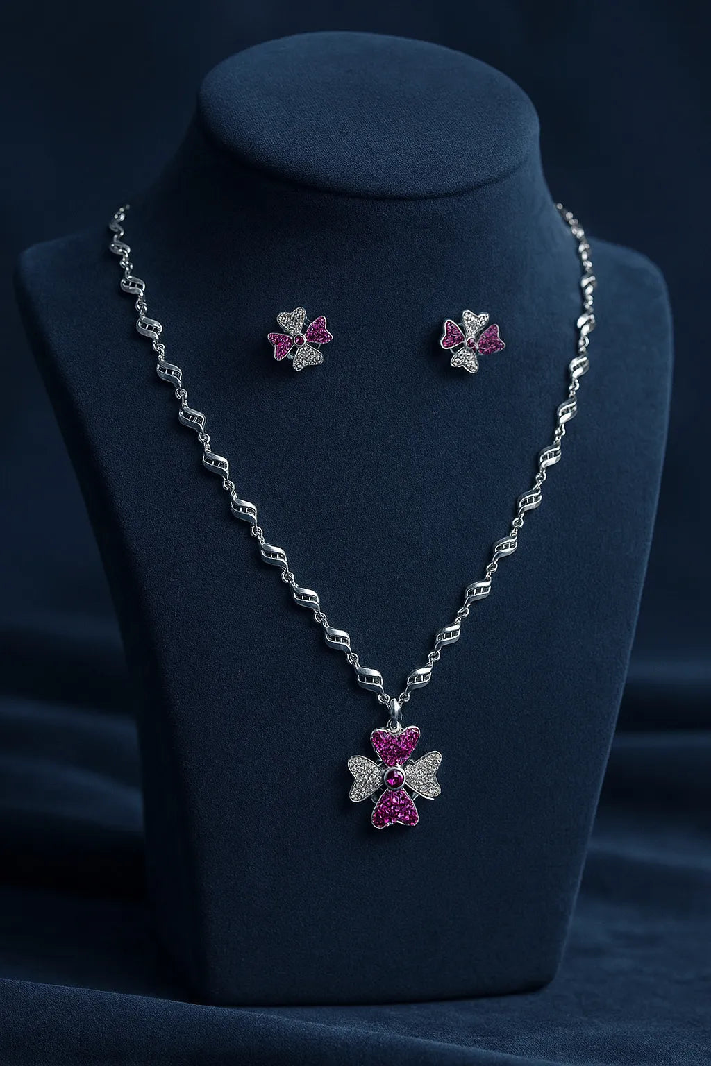 Silver Flower Pendant Necklace Set with Pink and White Stones – Designer Women Jewelry Gift