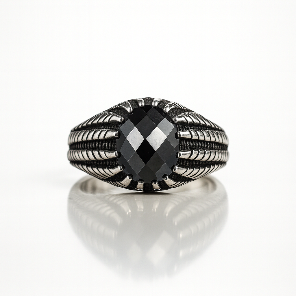 The Shadow King Rings — 925 Silver Men’s Luxury Band with Faceted Black Stone for Power, Presence & Identity”