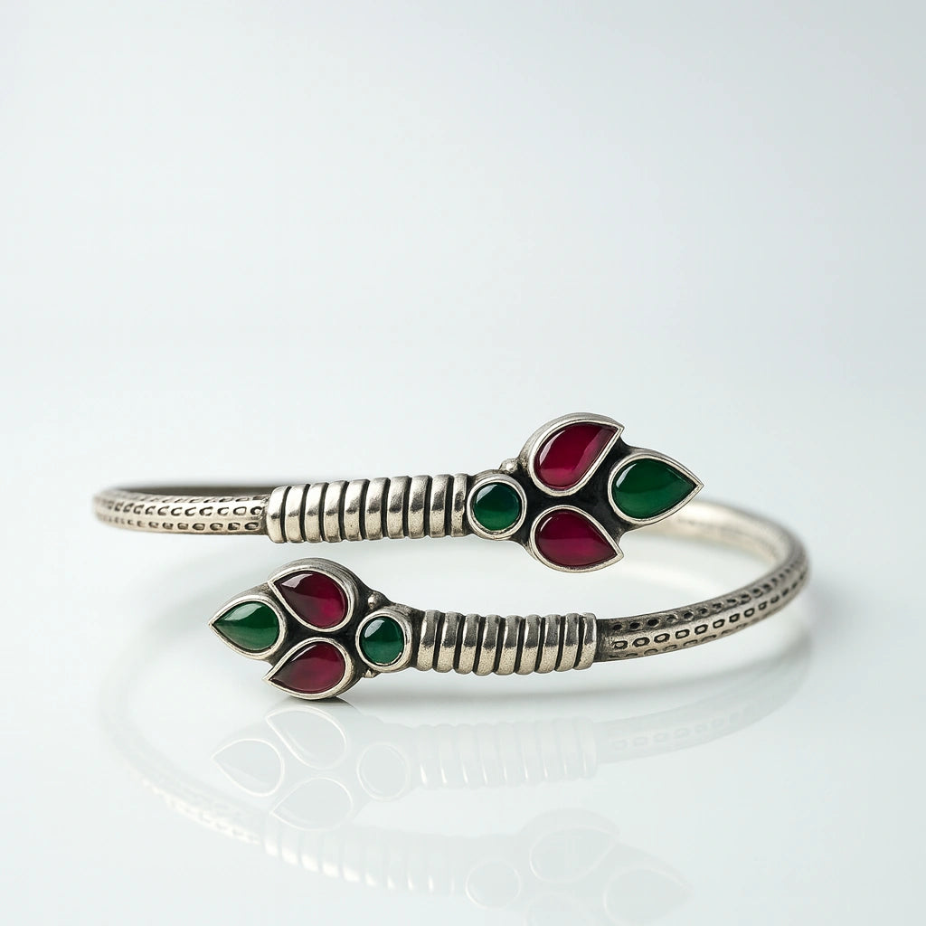 Pure 925 Silver Adjustable Bracelet with Dual Floral Ruby-Green Stone Motifs