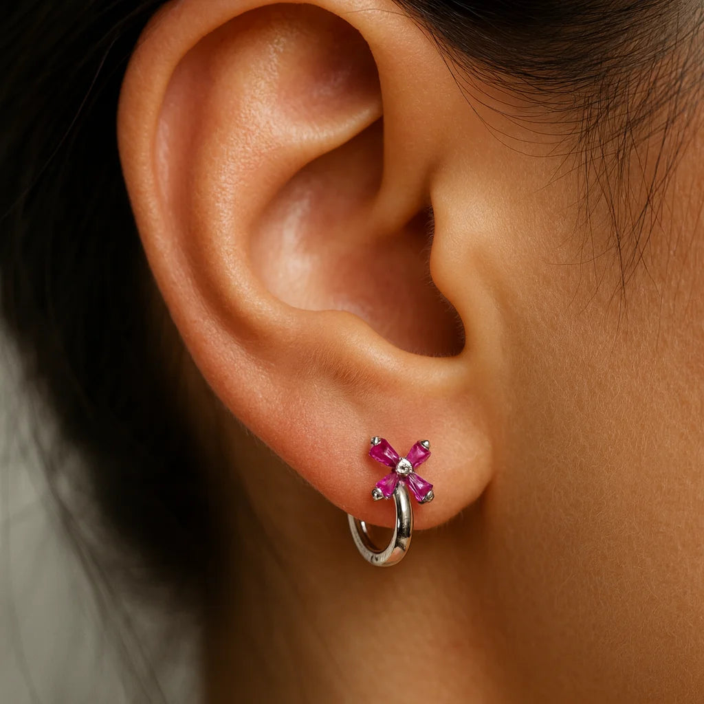 Ruby Bloom Hoop Earring — 925 Pure Silver Hoops with Pink Radiance