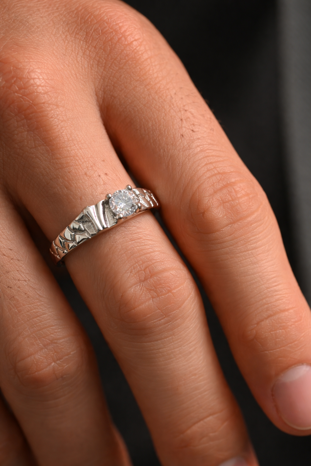 Premium Polished Silver Solitaire Rings – Elegant Textured Band with Round Cut Stone | Minimalist Engagement & Everyday Luxury Ring