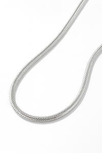Close-up of a person wearing a thin silver chain necklace against a neutral background