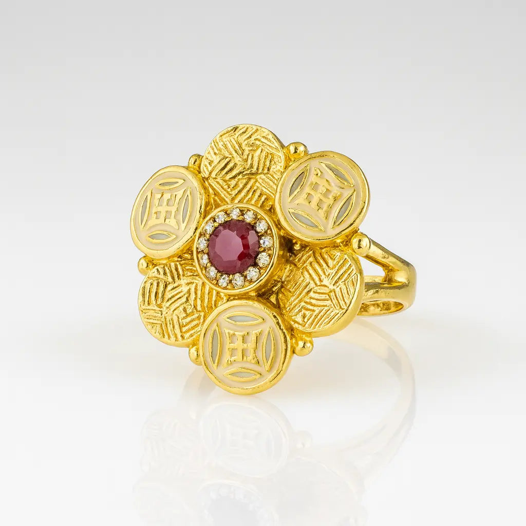 Regal Ruby Blossoms — Opulent Gold Floral Rings with Fiery Grace**

**